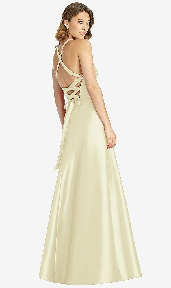 Back View - Butter Yellow Halter Lace-Up A-Line Maxi Dress