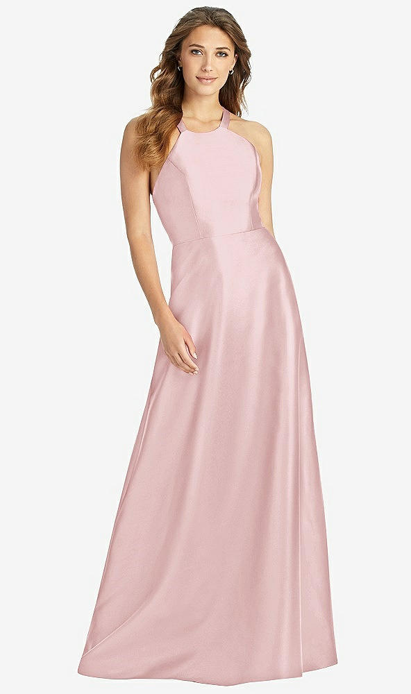 Front View - Ballet Pink Halter Lace-Up A-Line Maxi Dress