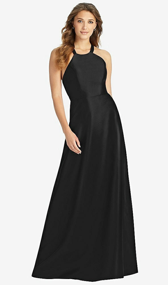 Front View - Black Halter Lace-Up A-Line Maxi Dress