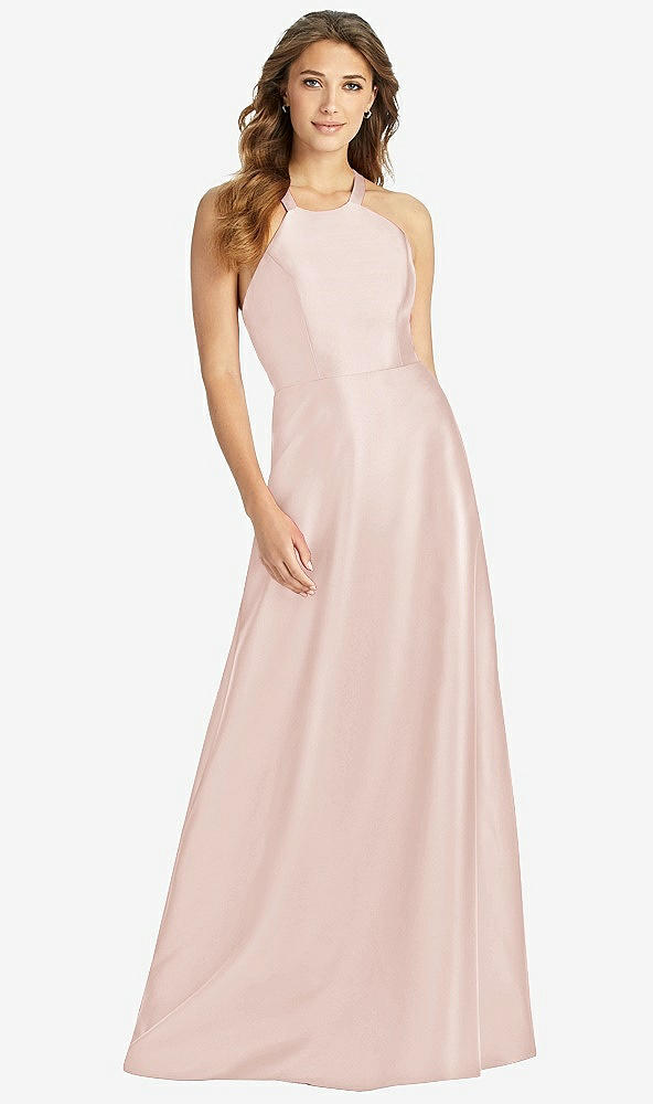 Front View - Blush Halter Lace-Up A-Line Maxi Dress