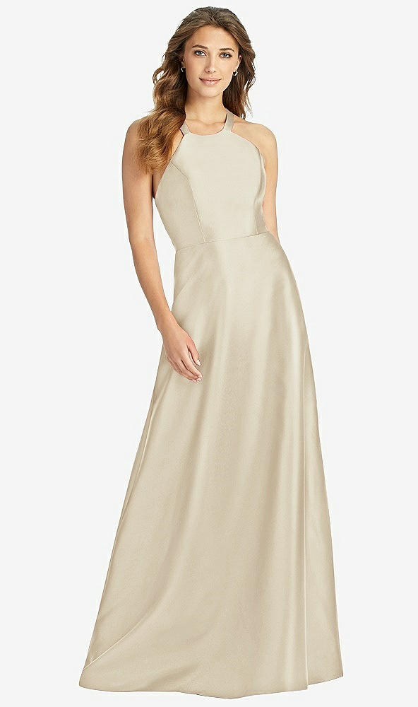 Front View - Champagne Halter Lace-Up A-Line Maxi Dress