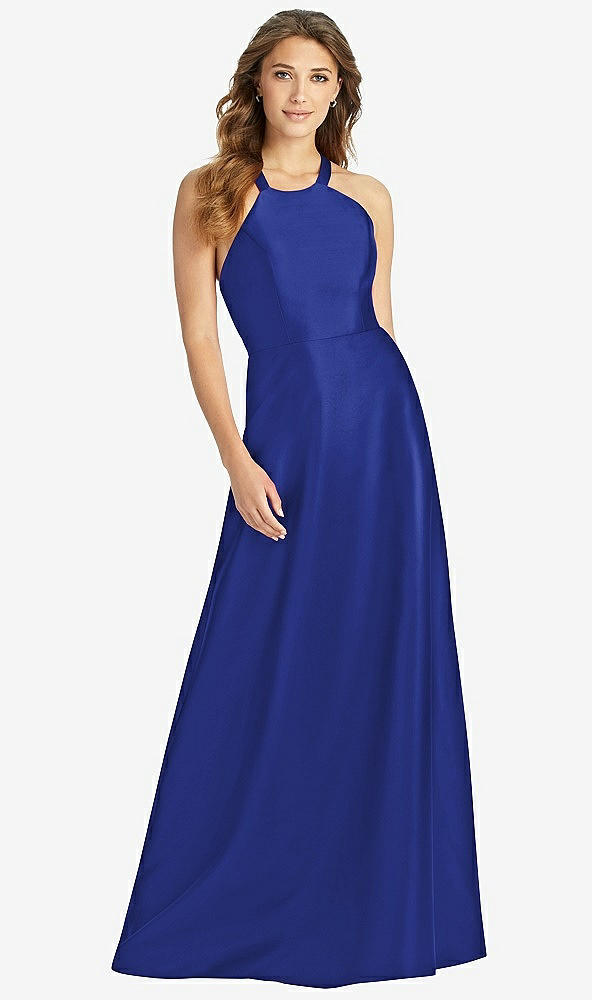 Front View - Cobalt Blue Halter Lace-Up A-Line Maxi Dress
