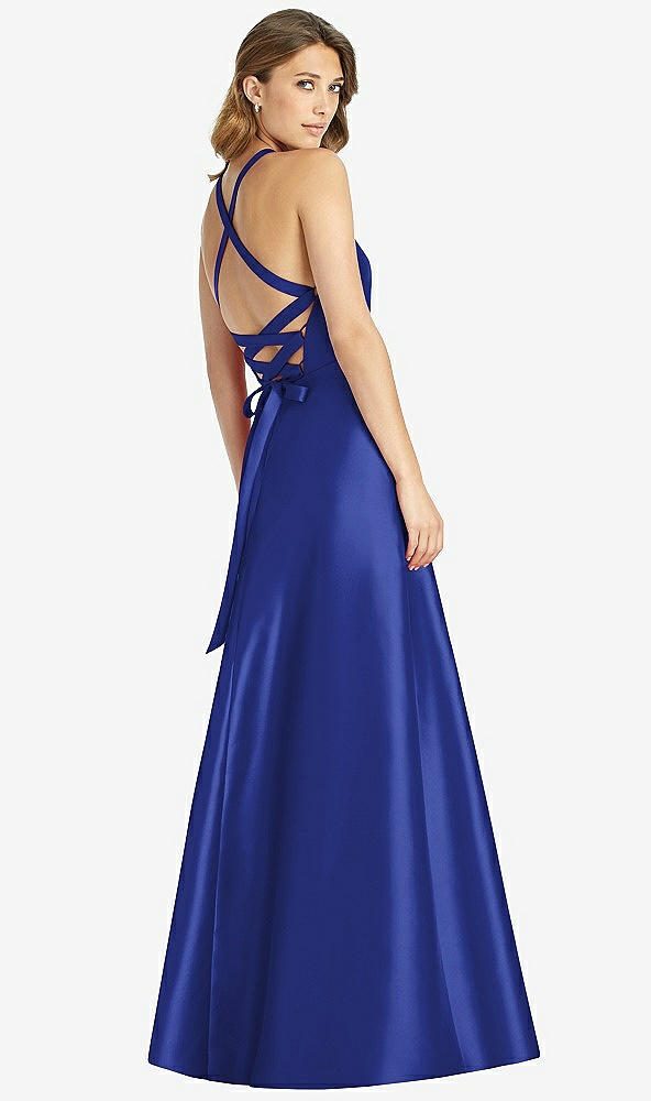 Back View - Cobalt Blue Halter Lace-Up A-Line Maxi Dress