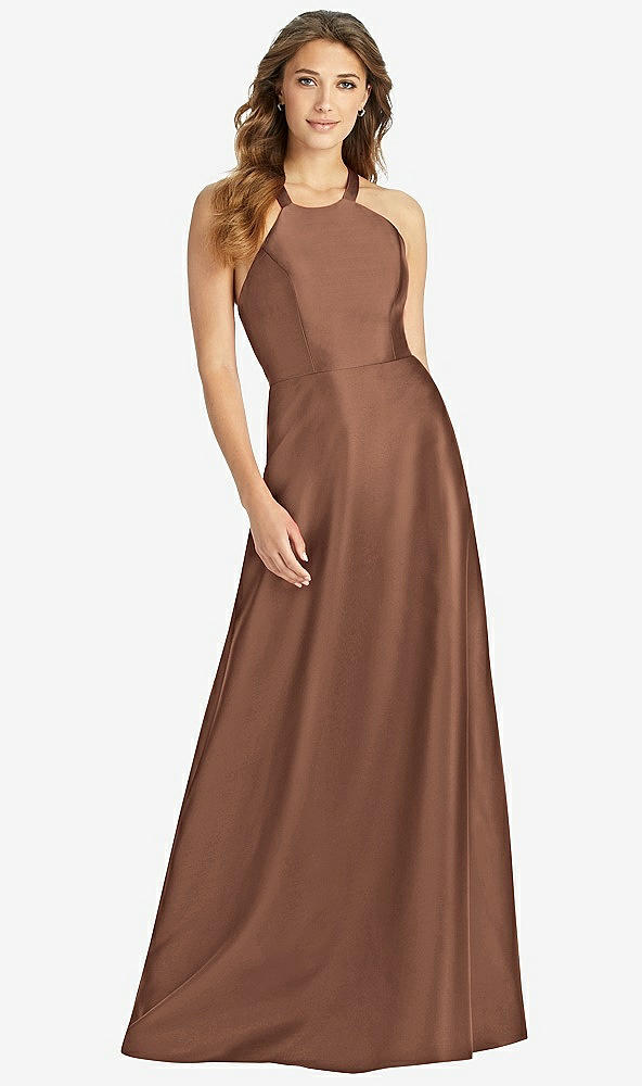 Front View - Cognac Halter Lace-Up A-Line Maxi Dress