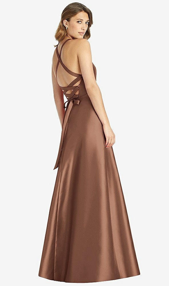 Back View - Cognac Halter Lace-Up A-Line Maxi Dress