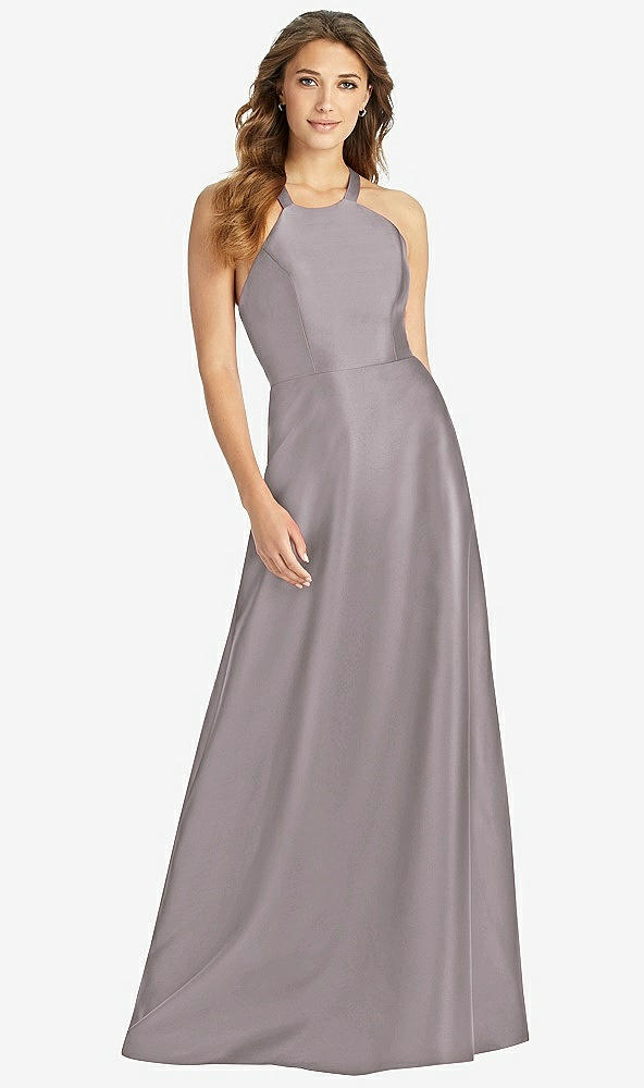 Front View - Cashmere Gray Halter Lace-Up A-Line Maxi Dress