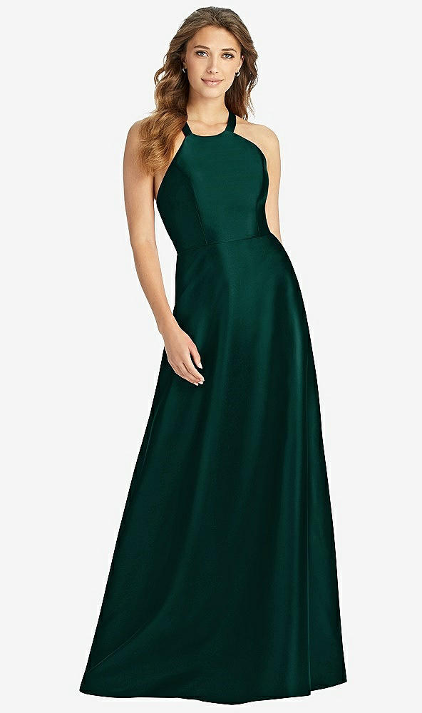 Front View - Evergreen Halter Lace-Up A-Line Maxi Dress