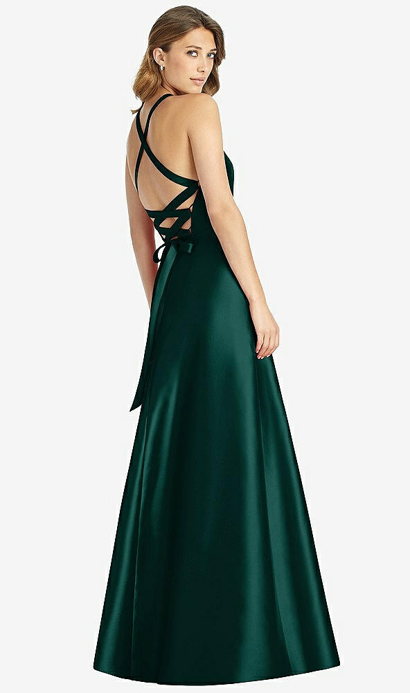 Back View - Evergreen Halter Lace-Up A-Line Maxi Dress