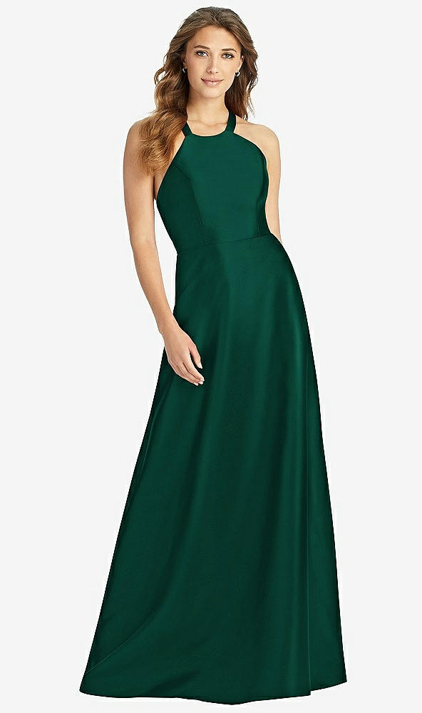 Front View - Hunter Green Halter Lace-Up A-Line Maxi Dress