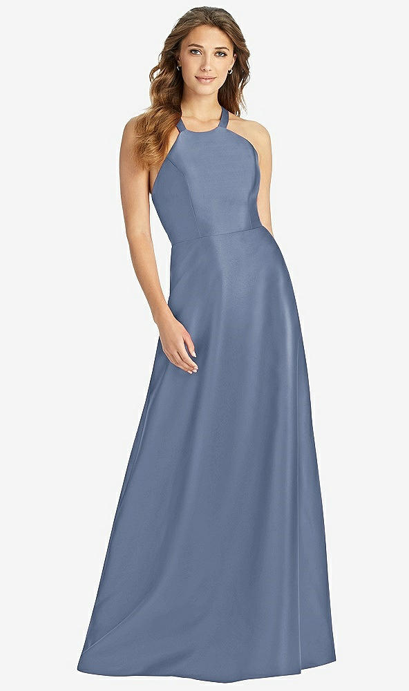 Front View - Larkspur Blue Halter Lace-Up A-Line Maxi Dress