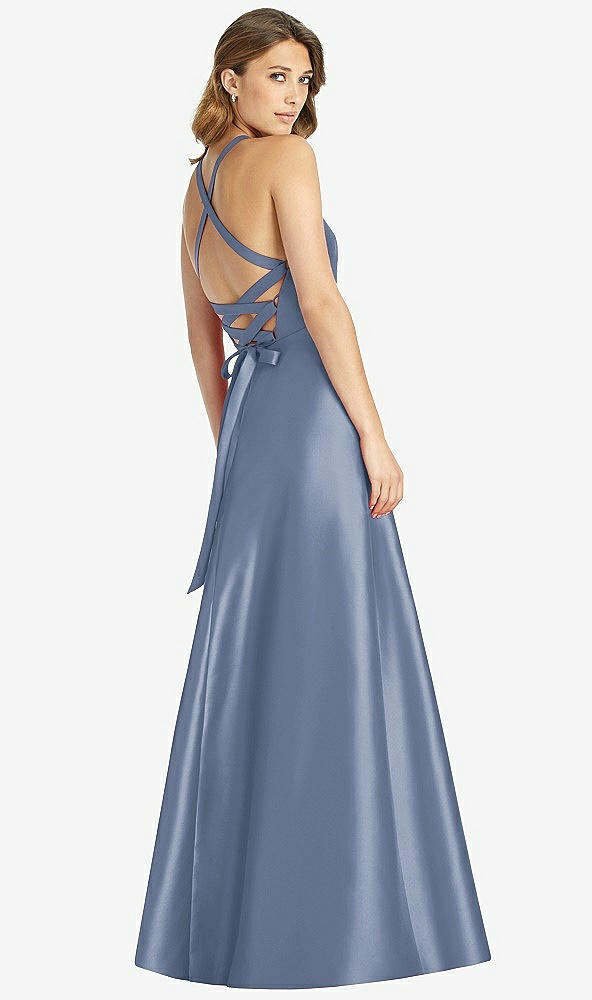 Back View - Larkspur Blue Halter Lace-Up A-Line Maxi Dress