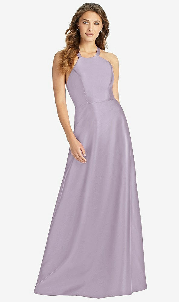 Front View - Lilac Haze Halter Lace-Up A-Line Maxi Dress