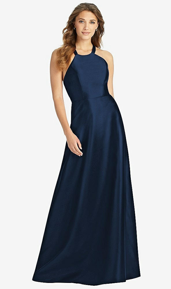 Front View - Midnight Navy Halter Lace-Up A-Line Maxi Dress