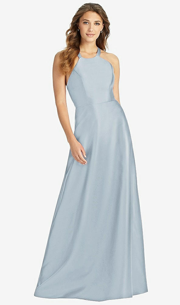 Front View - Mist Halter Lace-Up A-Line Maxi Dress