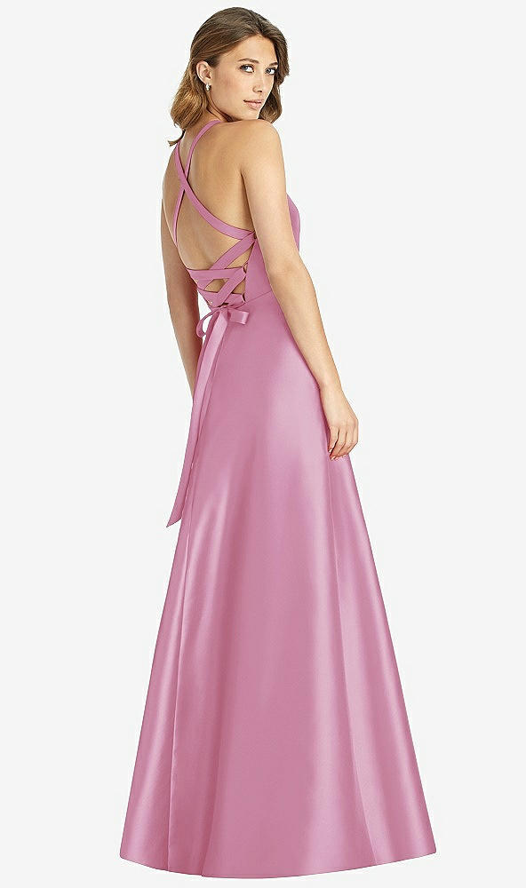 Back View - Powder Pink Halter Lace-Up A-Line Maxi Dress