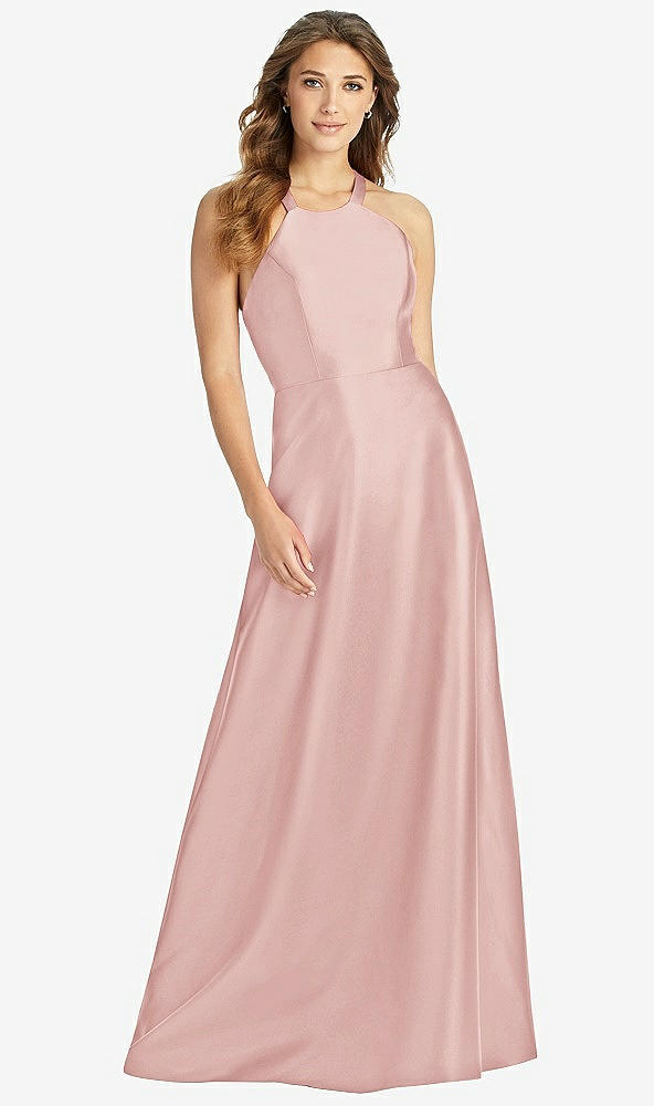 Front View - Rose Halter Lace-Up A-Line Maxi Dress