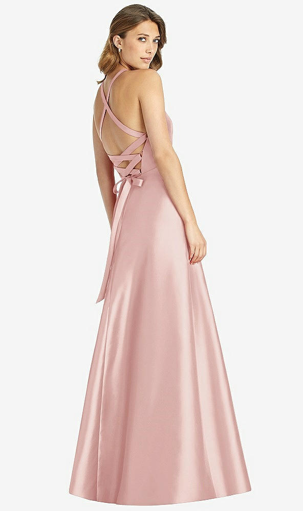 Back View - Rose Halter Lace-Up A-Line Maxi Dress