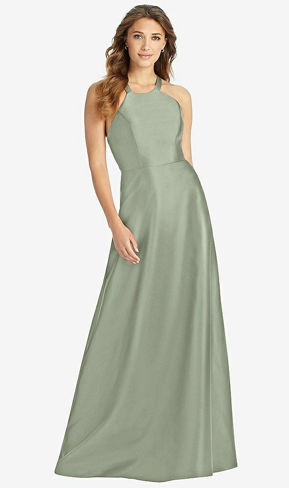 Front View - Sage Halter Lace-Up A-Line Maxi Dress