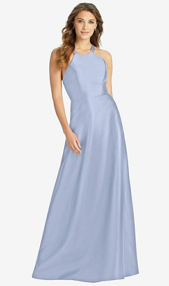 Front View - Sky Blue Halter Lace-Up A-Line Maxi Dress