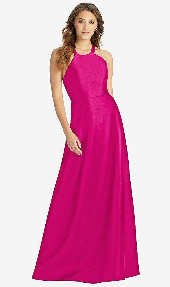 Front View - Think Pink Halter Lace-Up A-Line Maxi Dress