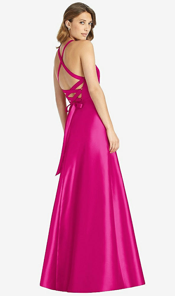 Back View - Think Pink Halter Lace-Up A-Line Maxi Dress