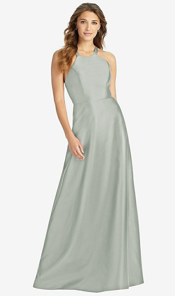 Front View - Willow Green Halter Lace-Up A-Line Maxi Dress