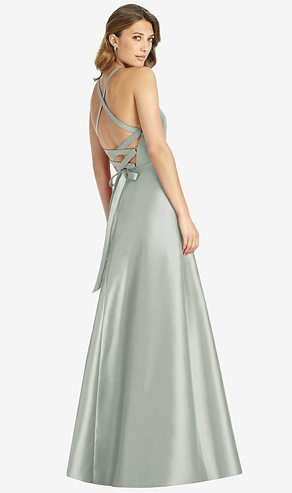Back View - Willow Green Halter Lace-Up A-Line Maxi Dress