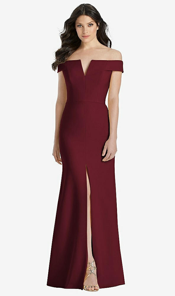 Front View - Cabernet Off-the-Shoulder Notch Trumpet Gown with Front Slit