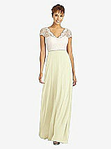 Front View Thumbnail - Butter Yellow & Ivory Cap Sleeve Illusion-Back Lace and Chiffon Dress