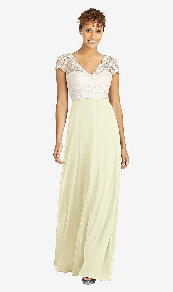 Front View - Butter Yellow & Ivory Cap Sleeve Illusion-Back Lace and Chiffon Dress