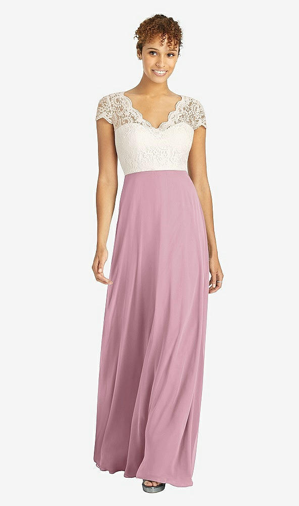 Front View - Dusty Pink & Ivory Cap Sleeve Illusion-Back Lace and Chiffon Dress