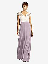 Front View Thumbnail - Lilac Dusk & Ivory Cap Sleeve Illusion-Back Lace and Chiffon Dress