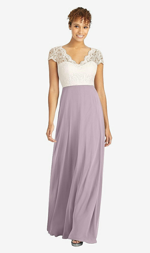Front View - Lilac Dusk & Ivory Cap Sleeve Illusion-Back Lace and Chiffon Dress