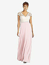 Front View Thumbnail - Ballet Pink & Ivory Cap Sleeve Illusion-Back Lace and Chiffon Dress