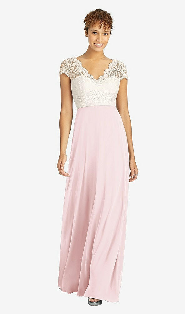 Front View - Ballet Pink & Ivory Cap Sleeve Illusion-Back Lace and Chiffon Dress