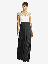 Front View Thumbnail - Black & Ivory Cap Sleeve Illusion-Back Lace and Chiffon Dress
