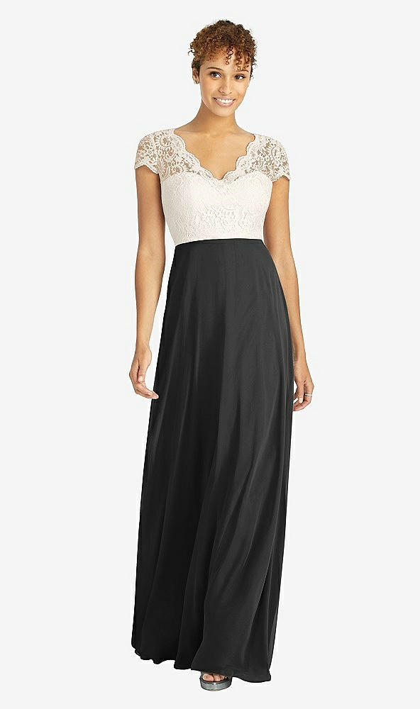 Front View - Black & Ivory Cap Sleeve Illusion-Back Lace and Chiffon Dress