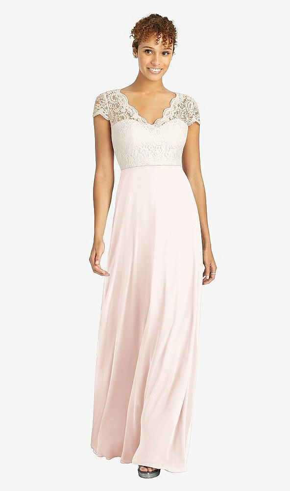 Front View - Blush & Ivory Cap Sleeve Illusion-Back Lace and Chiffon Dress