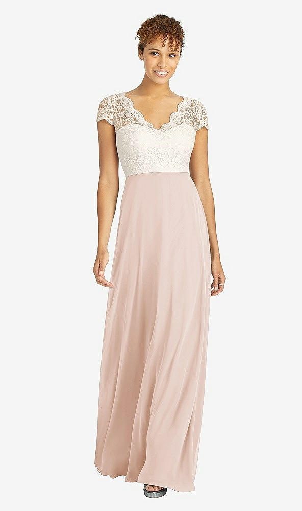Front View - Cameo & Ivory Cap Sleeve Illusion-Back Lace and Chiffon Dress