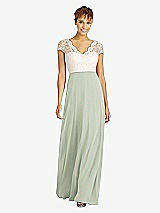Front View Thumbnail - Celadon & Ivory Cap Sleeve Illusion-Back Lace and Chiffon Dress