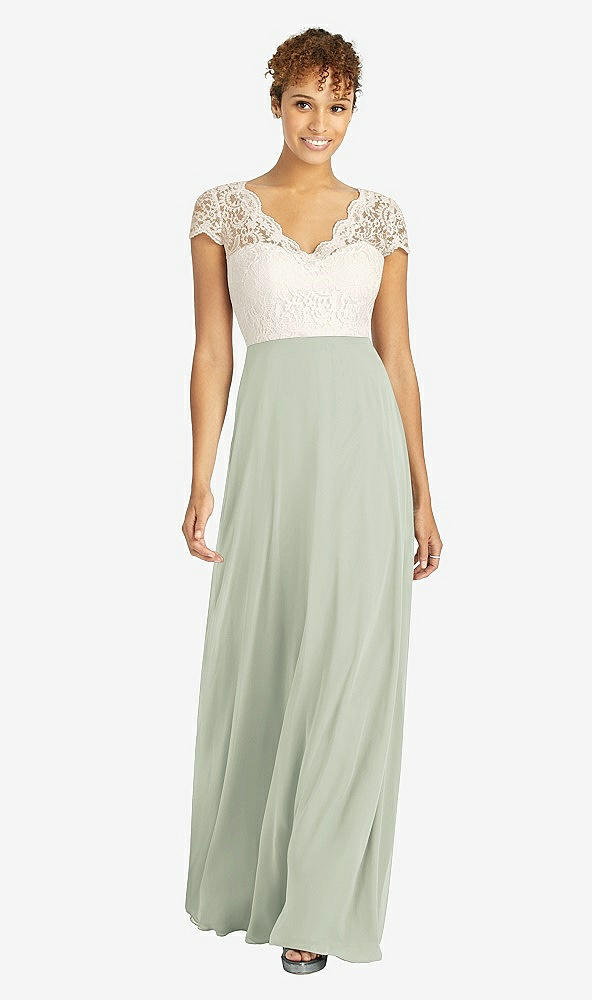 Front View - Celadon & Ivory Cap Sleeve Illusion-Back Lace and Chiffon Dress