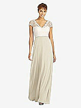 Front View Thumbnail - Champagne & Ivory Cap Sleeve Illusion-Back Lace and Chiffon Dress