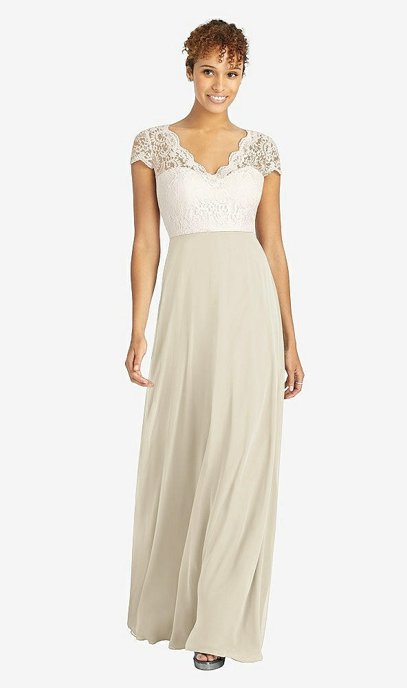 Front View - Champagne & Ivory Cap Sleeve Illusion-Back Lace and Chiffon Dress
