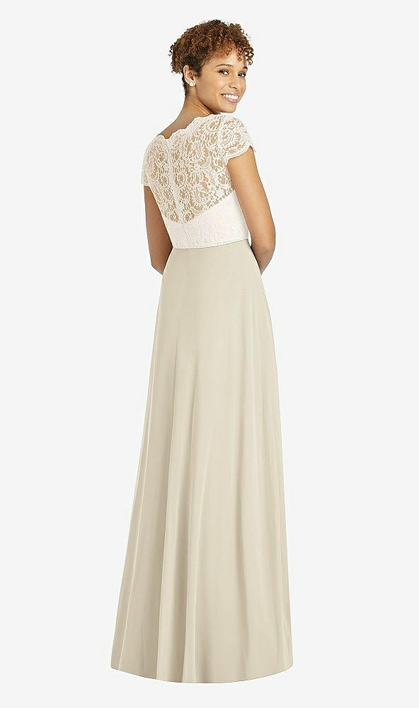 Back View - Champagne & Ivory Cap Sleeve Illusion-Back Lace and Chiffon Dress