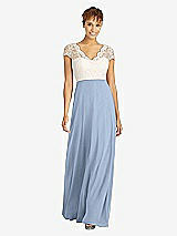 Front View Thumbnail - Cloudy & Ivory Cap Sleeve Illusion-Back Lace and Chiffon Dress