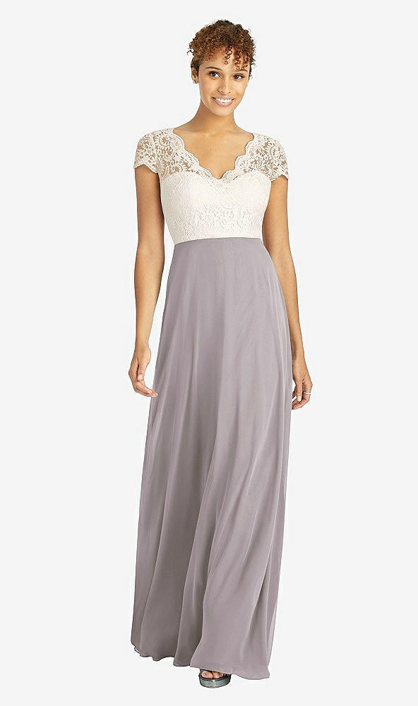 Front View - Cashmere Gray & Ivory Cap Sleeve Illusion-Back Lace and Chiffon Dress
