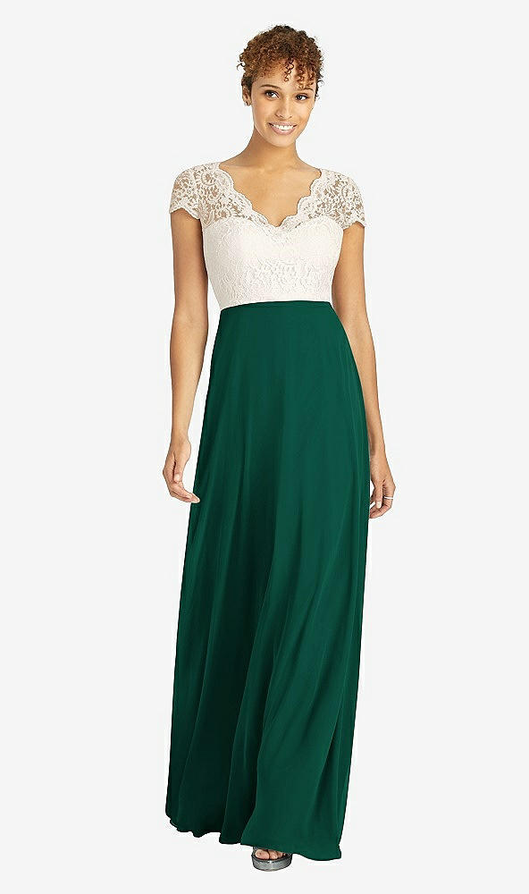 Front View - Hunter Green & Ivory Cap Sleeve Illusion-Back Lace and Chiffon Dress