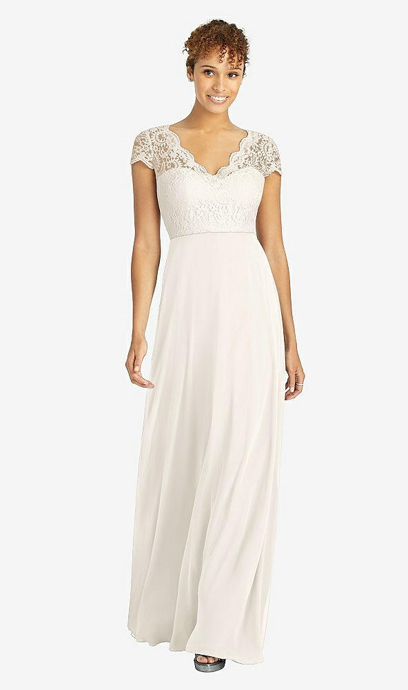 Front View - Ivory & Ivory Cap Sleeve Illusion-Back Lace and Chiffon Dress