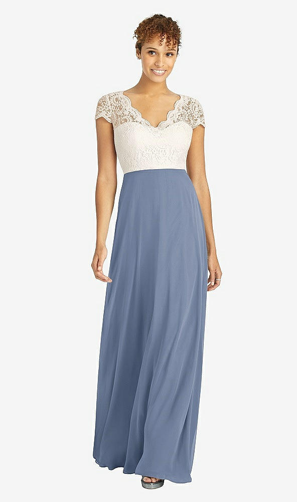 Front View - Larkspur Blue & Ivory Cap Sleeve Illusion-Back Lace and Chiffon Dress