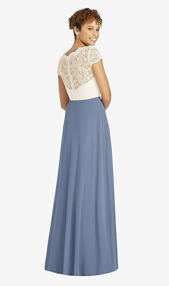 Back View - Larkspur Blue & Ivory Cap Sleeve Illusion-Back Lace and Chiffon Dress